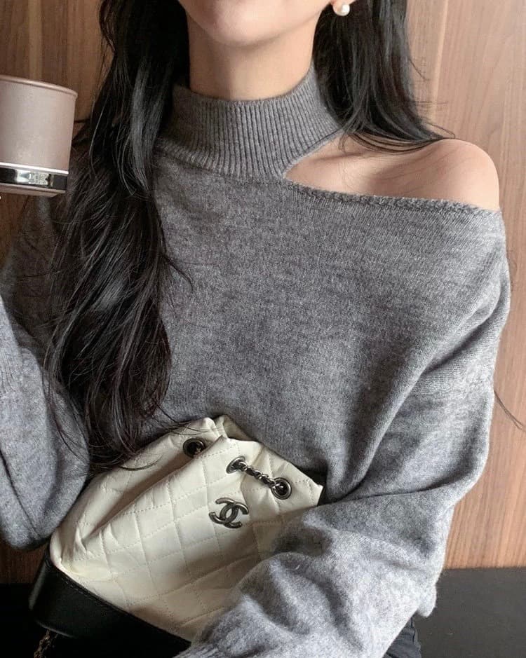 한국 chic 가을 겨울 작은 대중 품격 터틀넥 홀로우 아웃 오프숄더 디자인 루즈핏 캐주얼 다용도 긴팔 니트 스웨터 상세 이미지 75