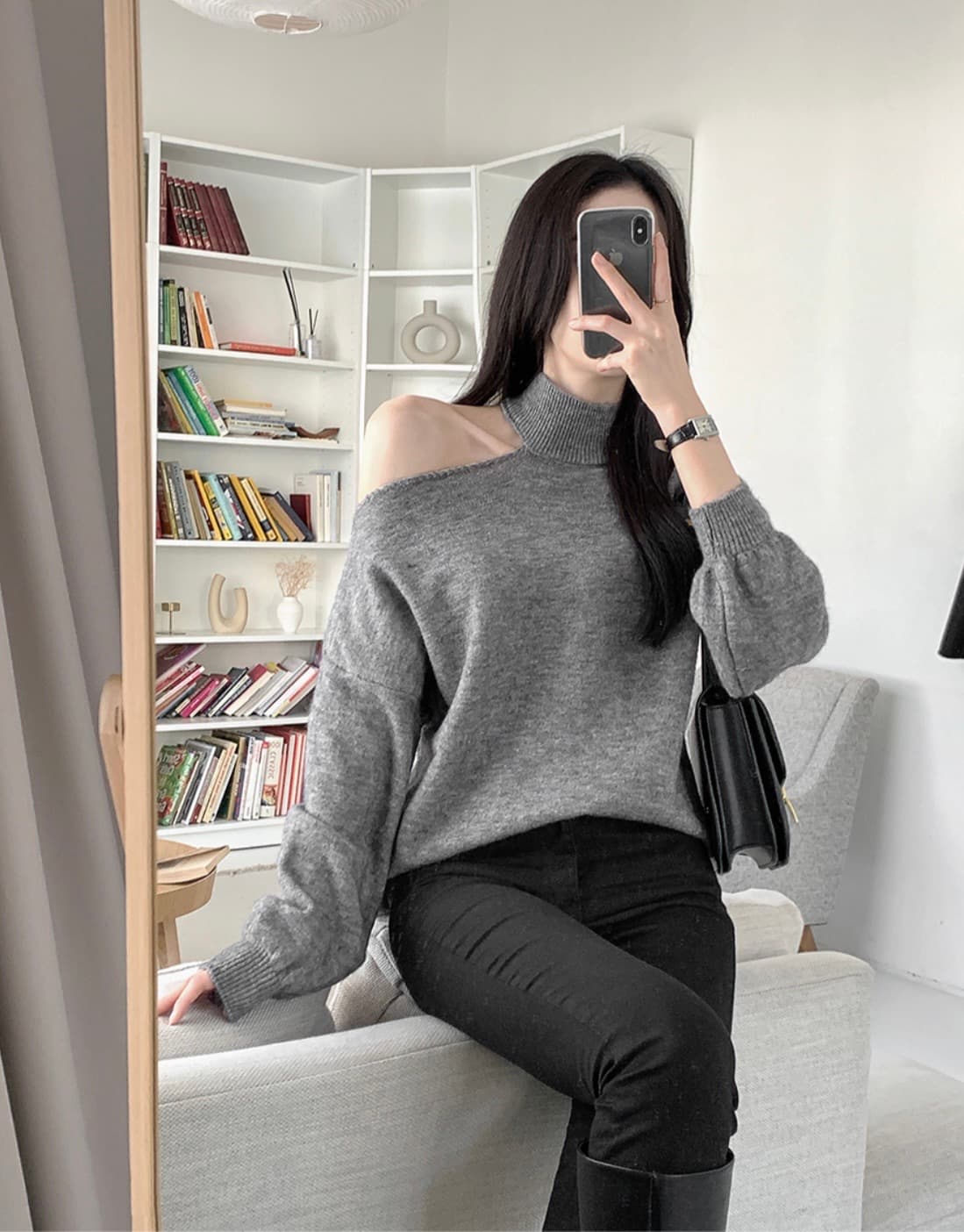 한국 chic 가을 겨울 작은 대중 품격 터틀넥 홀로우 아웃 오프숄더 디자인 루즈핏 캐주얼 다용도 긴팔 니트 스웨터 상세 이미지 77