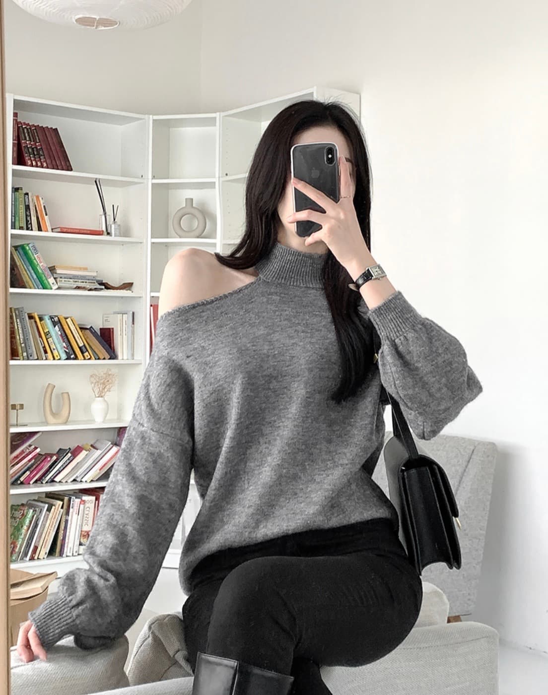 한국 chic 가을 겨울 작은 대중 품격 터틀넥 홀로우 아웃 오프숄더 디자인 루즈핏 캐주얼 다용도 긴팔 니트 스웨터 상세 이미지 78