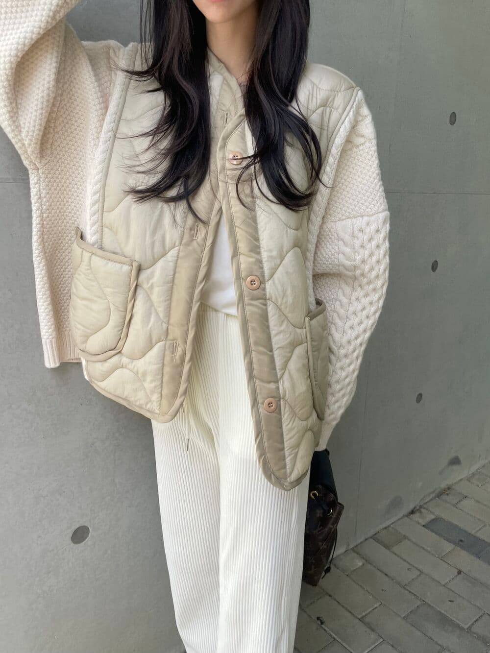 한국 chic 가을 겨울 작은 대중 다용도 V넥 배색 패치워크 니트 싱글 줄 버튼 루즈핏 긴팔 면 옷 여성 코트 상세 이미지 6