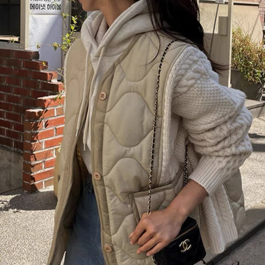 한국 chic 가을 겨울 작은 대중 다용도 V넥 배색 패치워크 니트 싱글 줄 버튼 루즈핏 긴팔 면 옷 여성 코트