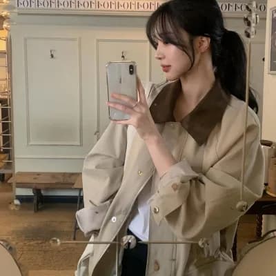 한국 chic 패션 품격 배색 칼라 펌프 로프 디자인 빅 포켓 루즈핏 캐주얼 재킷 이미지 4