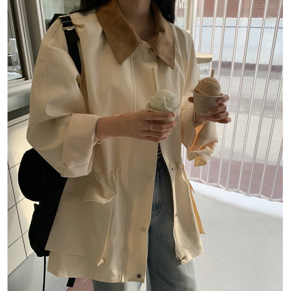 한국 chic 패션 품격 배색 칼라 펌프 로프 디자인 빅 포켓 루즈핏 캐주얼 재킷 이미지 2