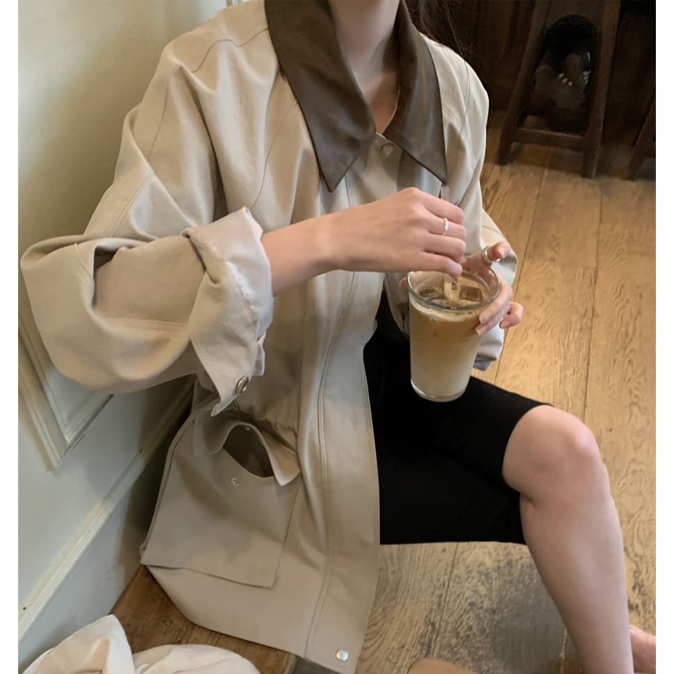 한국 chic 패션 품격 배색 칼라 펌프 로프 디자인 빅 포켓 루즈핏 캐주얼 재킷 이미지 5