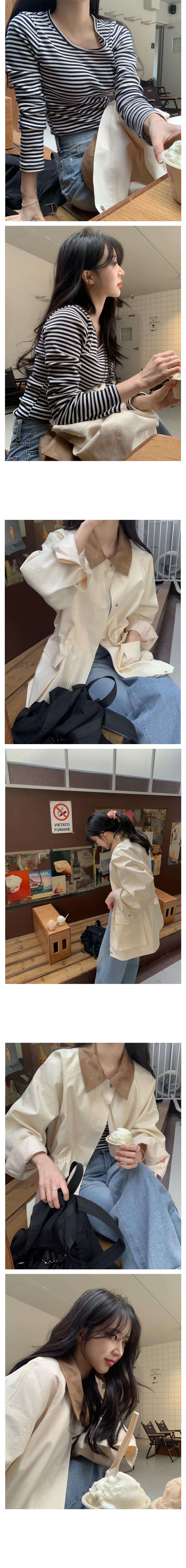 한국 chic 패션 품격 배색 칼라 펌프 로프 디자인 빅 포켓 루즈핏 캐주얼 재킷 상세 이미지 3