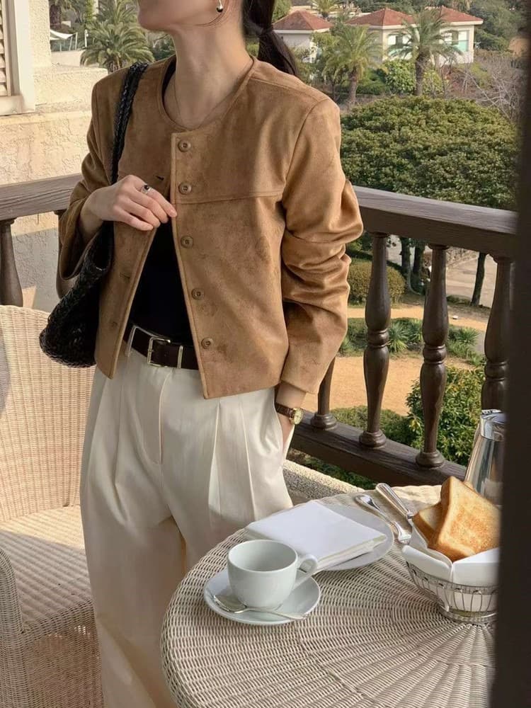 이른 가을 동대문 레트로 스웨이드 원단 쇼트 스타일 슬림해 보이는 재킷 재킷 상세 이미지 1