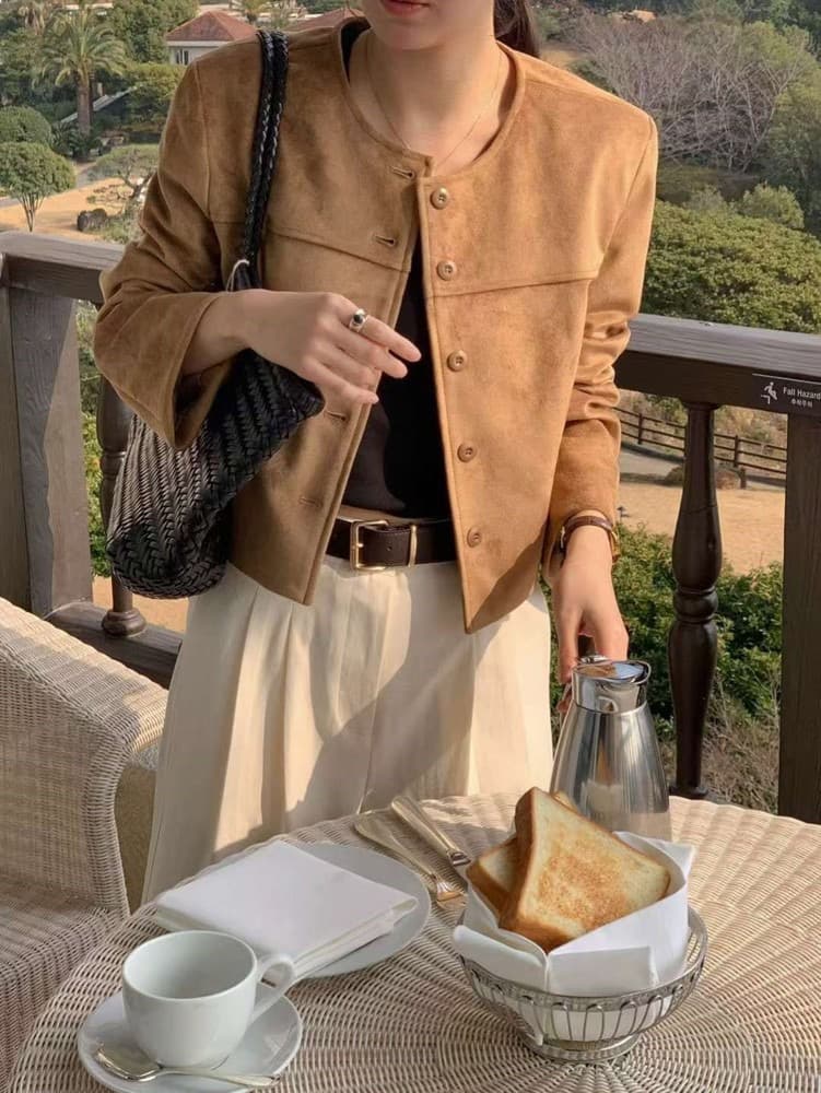 이른 가을 동대문 레트로 스웨이드 원단 쇼트 스타일 슬림해 보이는 재킷 재킷 상세 이미지 3