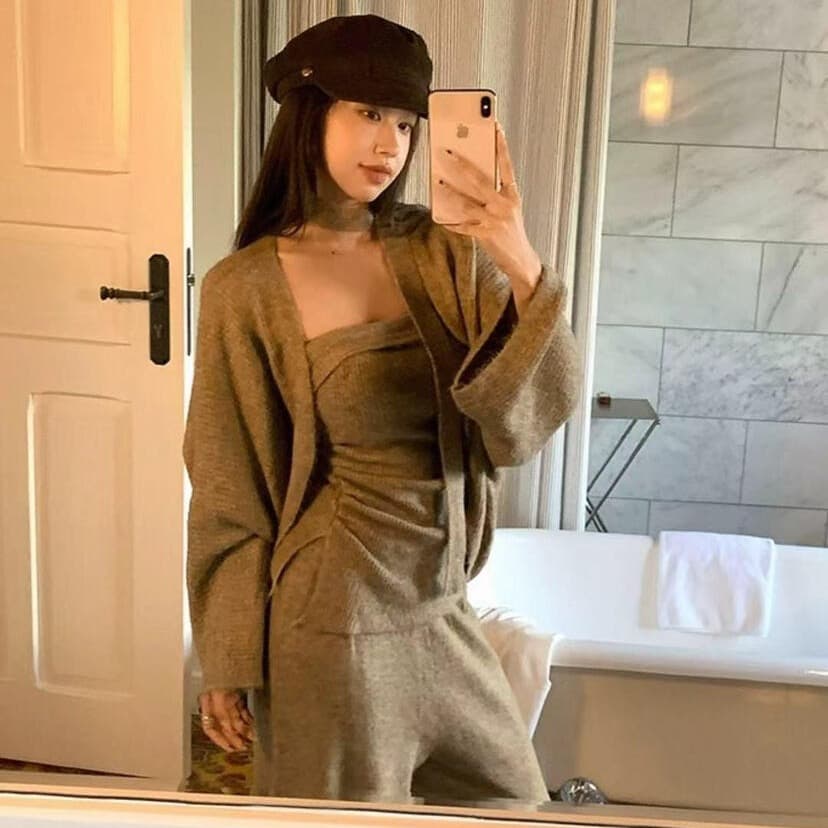 패션 우아함 캐주얼 루즈핏 스웨터 오픈 가디건 튜브탑 펌프 Pleat 조끼 캐주얼 바지 세 조각 세트 이미지 4