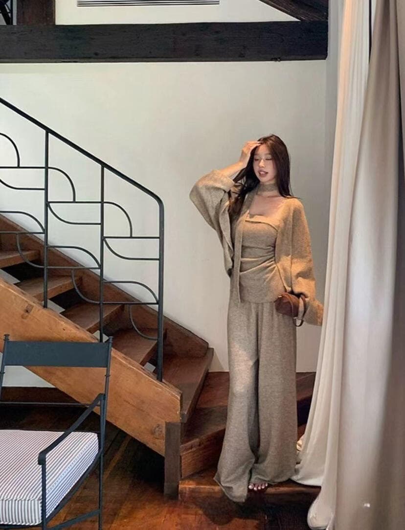패션 우아함 캐주얼 루즈핏 스웨터 오픈 가디건 튜브탑 펌프 Pleat 조끼 캐주얼 바지 세 조각 세트 상세 이미지 7
