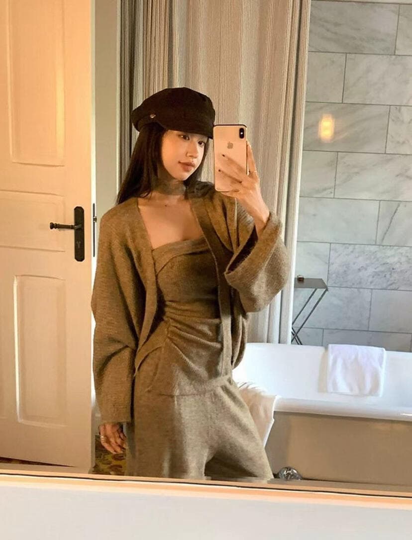 패션 우아함 캐주얼 루즈핏 스웨터 오픈 가디건 튜브탑 펌프 Pleat 조끼 캐주얼 바지 세 조각 세트 상세 이미지 8