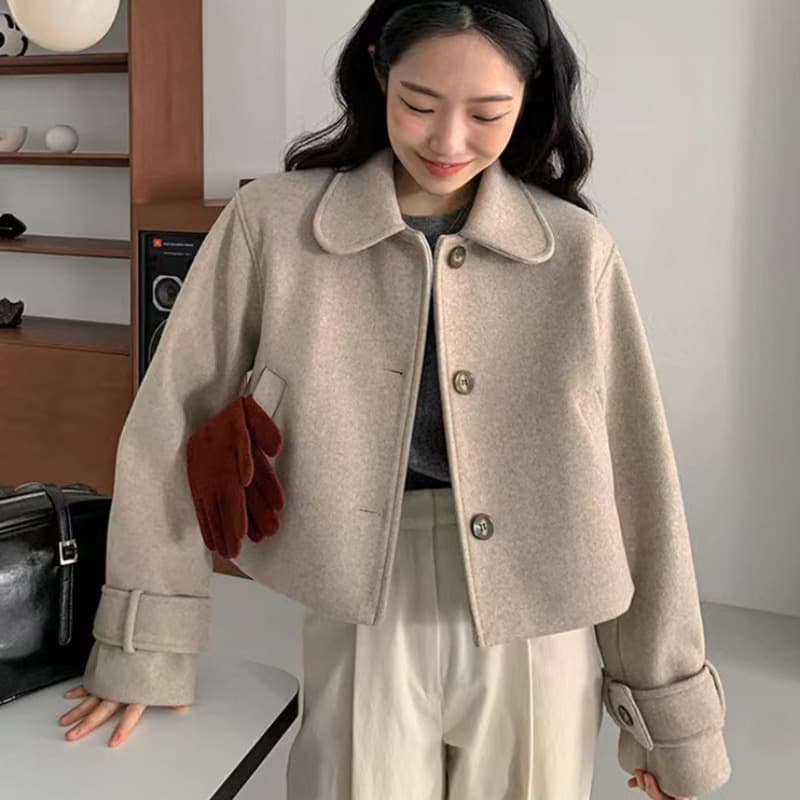 한국 chic 가을 레트로 연령 감소 베이비 칼라 싱글 줄 버튼 루즈핏 다용도 단색 긴팔 모직 여성 코트