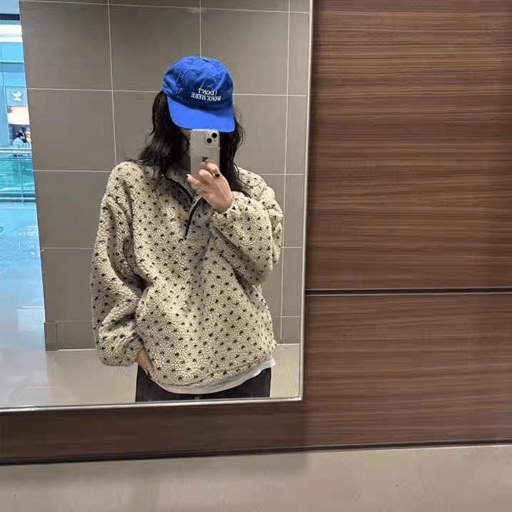 ins 바람 스탠드 칼라 도트 무늬 플리스 캐주얼 루즈핏 지퍼 재킷 후드티 플러시 셔츠 상세 이미지 4