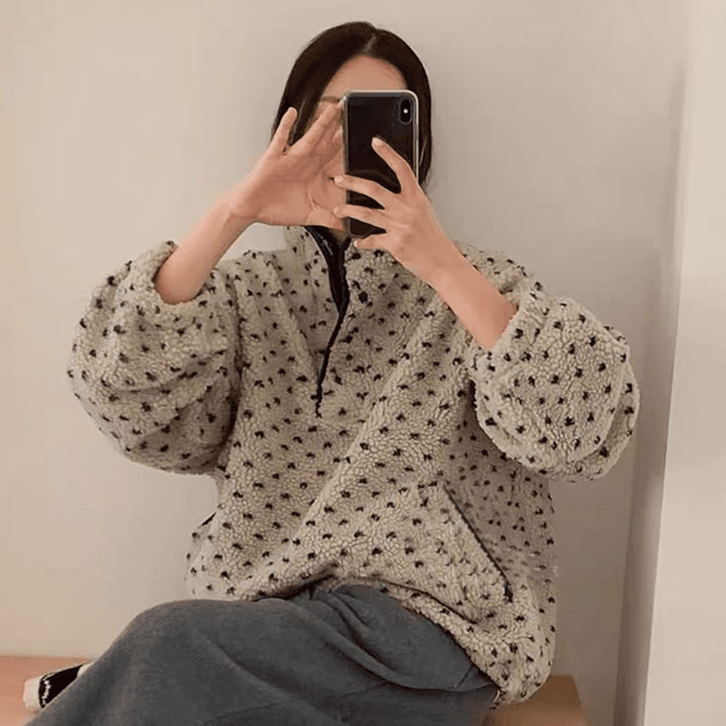 ins 바람 스탠드 칼라 도트 무늬 플리스 캐주얼 루즈핏 지퍼 재킷 후드티 플러시 셔츠 상세 이미지 5