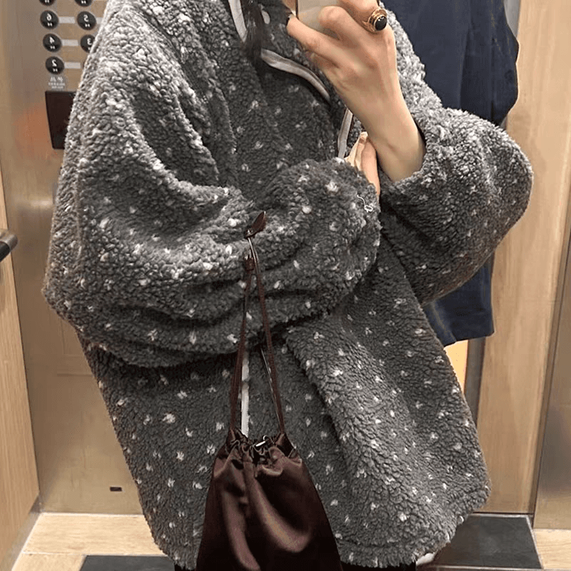 ins 바람 스탠드 칼라 도트 무늬 플리스 캐주얼 루즈핏 지퍼 재킷 후드티 플러시 셔츠 상세 이미지 7