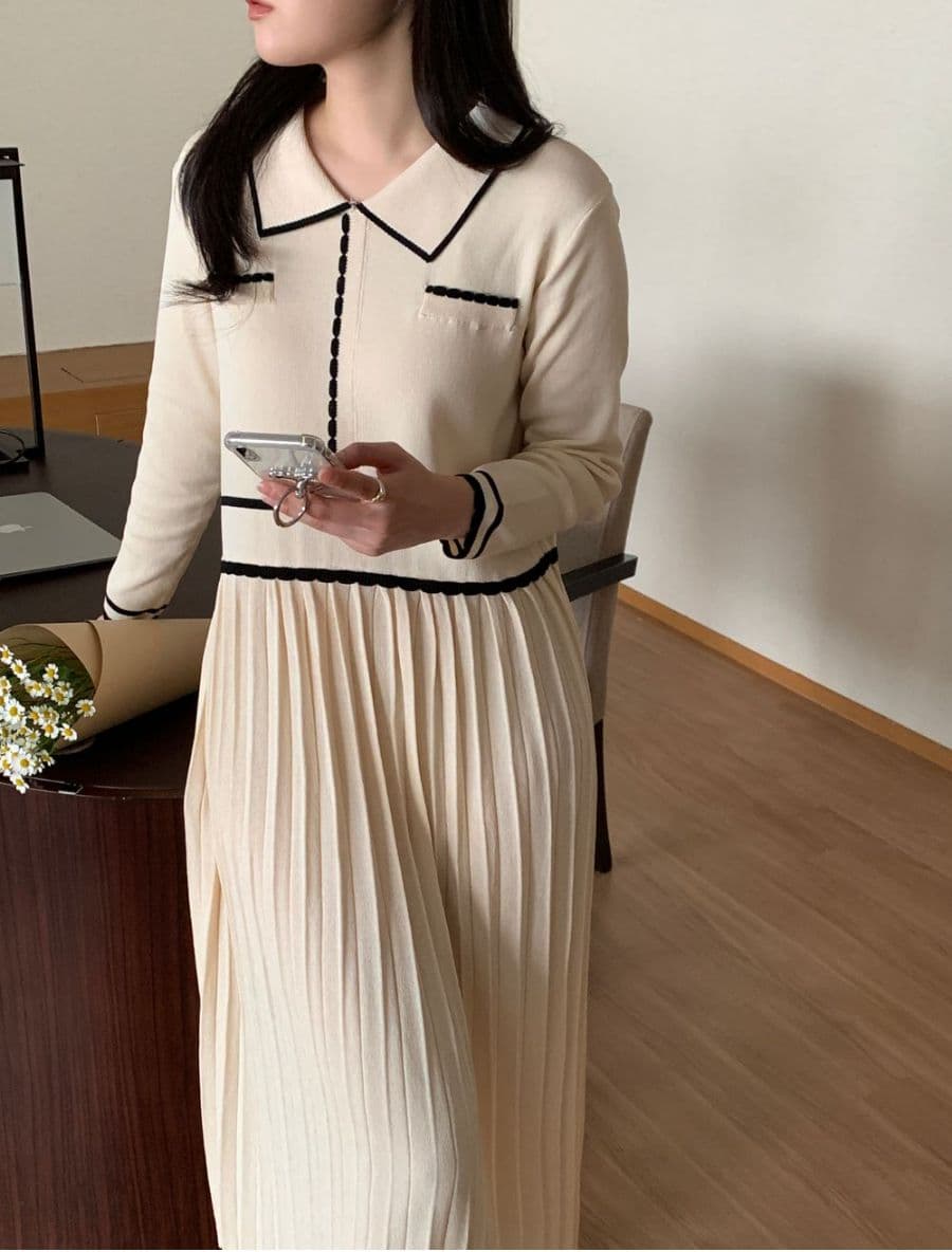작은 샤넬 스타일 2026 봄과 가을 스웨터 한국 스타일 미니멀리즘 출퇴근 품격 니트 플리츠 드레스 상세 이미지 5