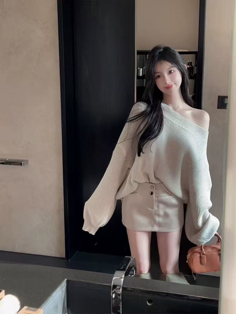 패션 오프숄더 순수한 욕망 바람 우아한 화이트 티 느긋한 바람이 아닙니다. 규칙 밑단 루즈핏 캐주얼 풀오버 상세 이미지 7