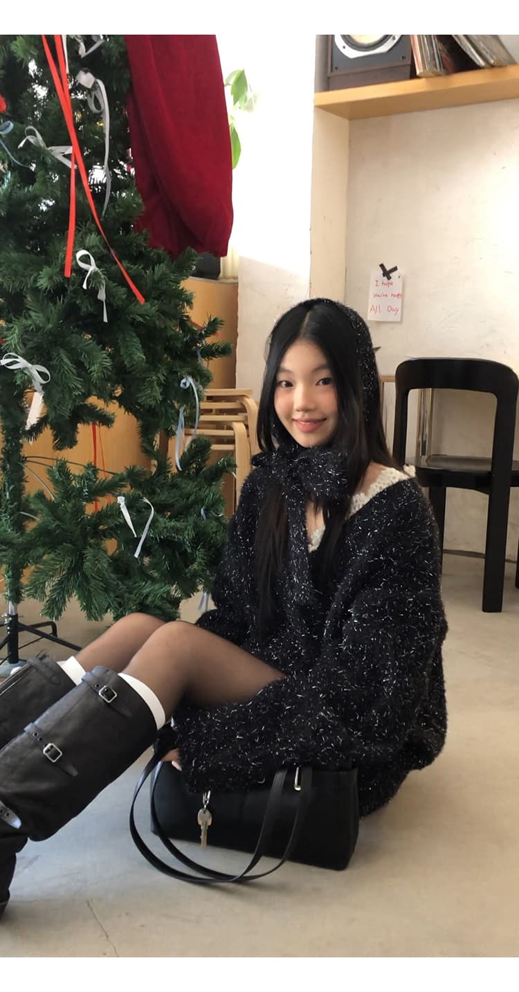 레드 맨 파빌리온 V넥 스웨터 여자 2026 새로운 겨울 착용 가져 가라. 검정색 맨위 중간 길이 느긋한 바람 니트 스웨터 상세 이미지 3