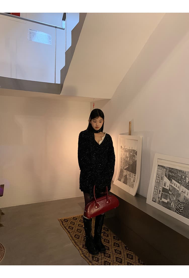 레드 맨 파빌리온 V넥 스웨터 여자 2026 새로운 겨울 착용 가져 가라. 검정색 맨위 중간 길이 느긋한 바람 니트 스웨터 상세 이미지 20