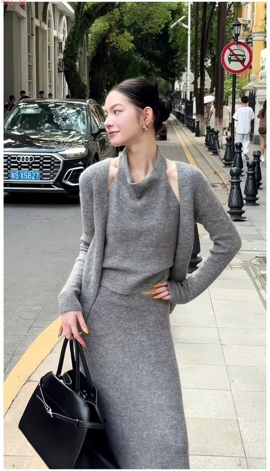 항구 바람 패션 품격 가을 착용 가져 가라. 전체 집합 페이크 레이어드 니트 행침 목 맨위 반신 스커트 투피스 슈트 여성 상세 이미지 2
