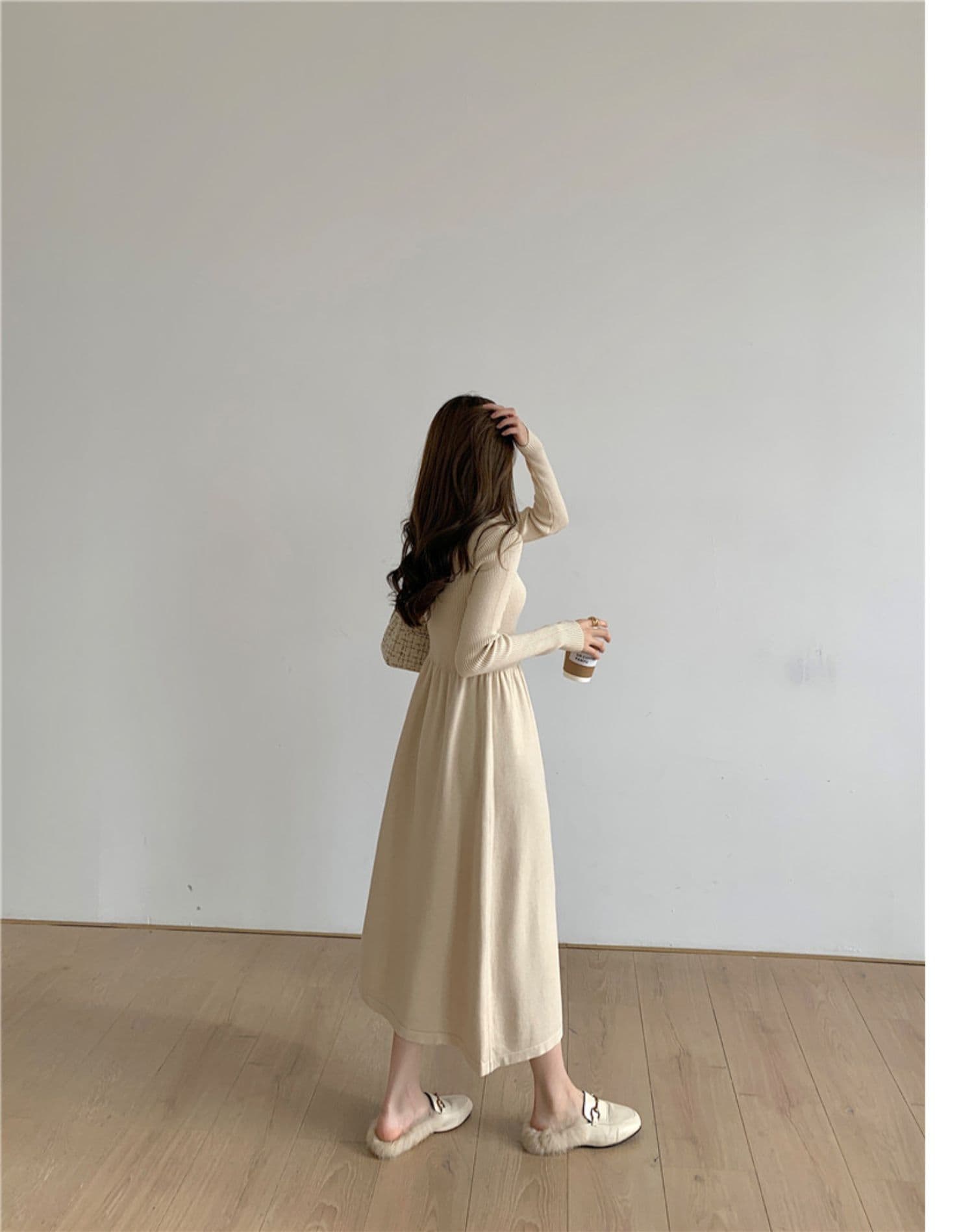 다용도 미니멀리즘 반하이넥 만나는 니트 길다 치마 여신 팬 루즈핏 중간 길이 스웨터 원피스 상세 이미지 22