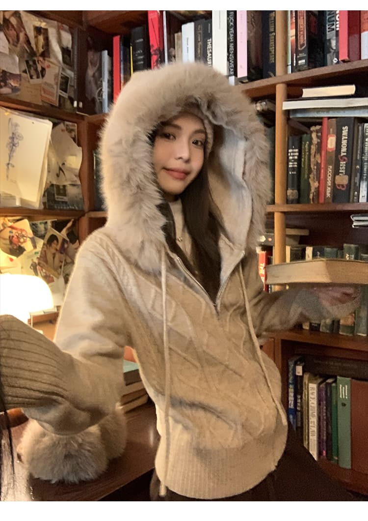 송 긍정적 인 En 모피 칼라 후드 스웨터 오픈 가디건 여성 코트 겨울 탈착식 한 부서 루즈핏 다용도 니트 맨위 트렌디 이미지 4