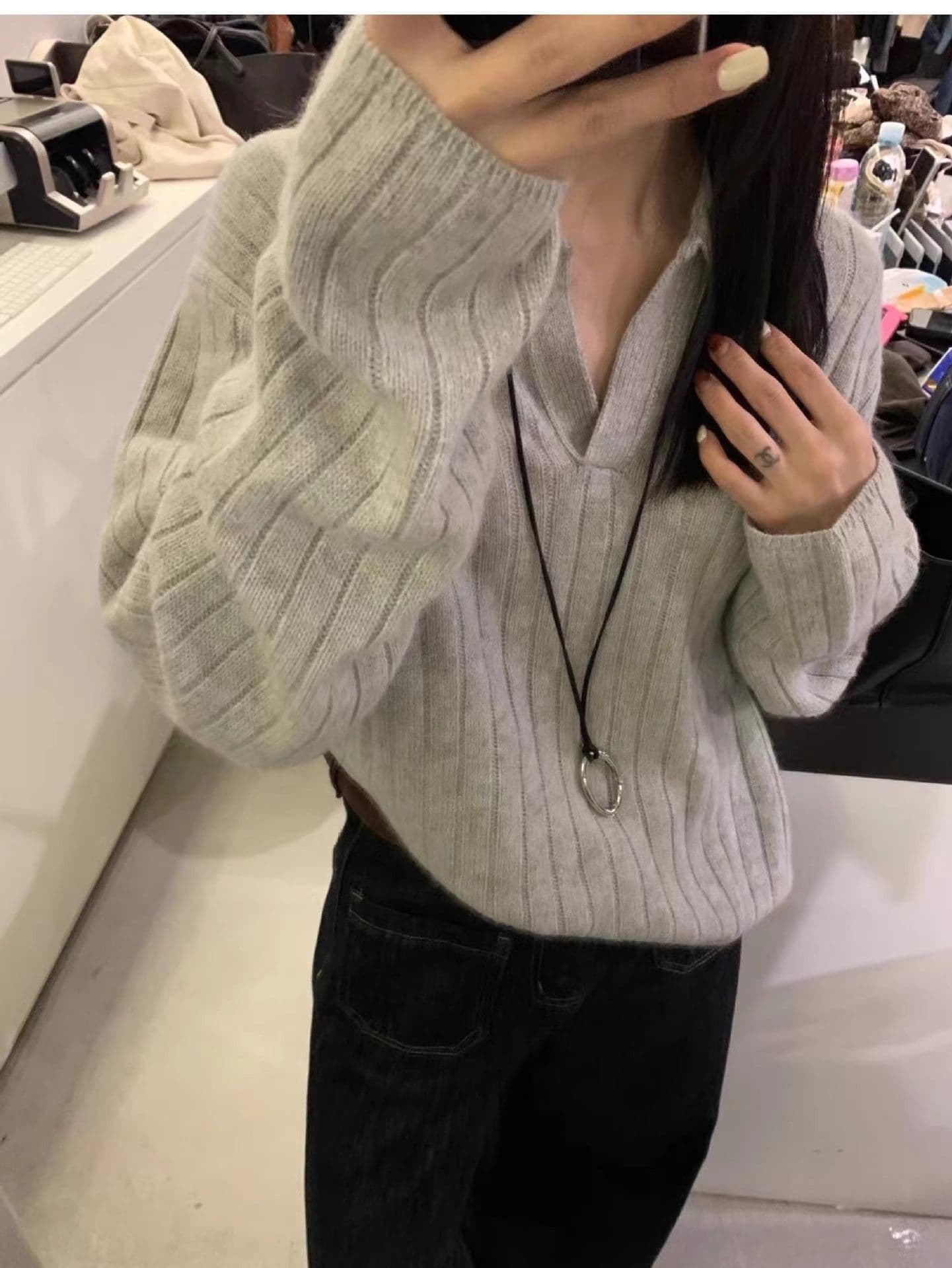 프랑스식 POLO 칼라 스웨터 가을 겨울 새로운 루즈핏 스웨터 레트로 폴로 칼라 니트 긴 소매 맨위 만나는 니트 스웨터 상세 이미지 15