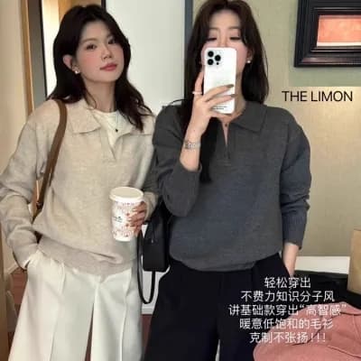 고급 센스 품격 폴로 칼라 니트 스웨터 여성 봄 느긋한 바람 루즈핏 스웨터 인사이드 가져 가라. 기본 셔츠 POLO 셔츠 맨위 상세 이미지 1