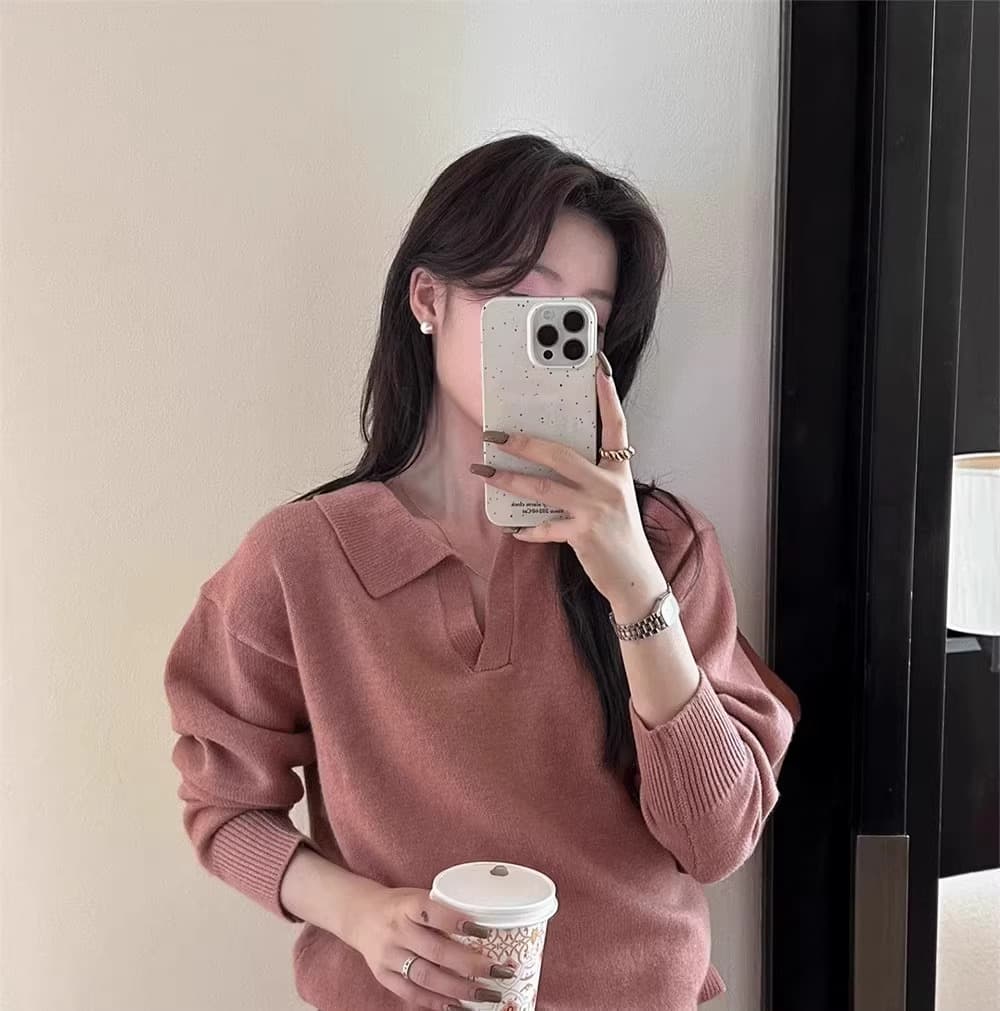 고급 센스 품격 폴로 칼라 니트 스웨터 여성 봄 느긋한 바람 루즈핏 스웨터 인사이드 가져 가라. 기본 셔츠 POLO 셔츠 맨위 상세 이미지 2