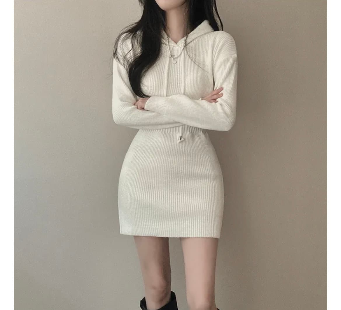 한국 chic 가을 프랑스식 품격 후드 디자인 몸매 가꾸기 슬림해 보이는 두꺼운 니트 타이트 스커트 긴팔 여성 드레스 상세 이미지 1