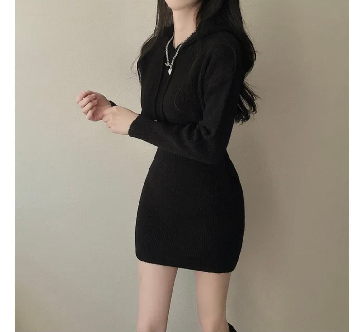 한국 chic 가을 프랑스식 품격 후드 디자인 몸매 가꾸기 슬림해 보이는 두꺼운 니트 타이트 스커트 긴팔 여성 드레스 상세 이미지 13
