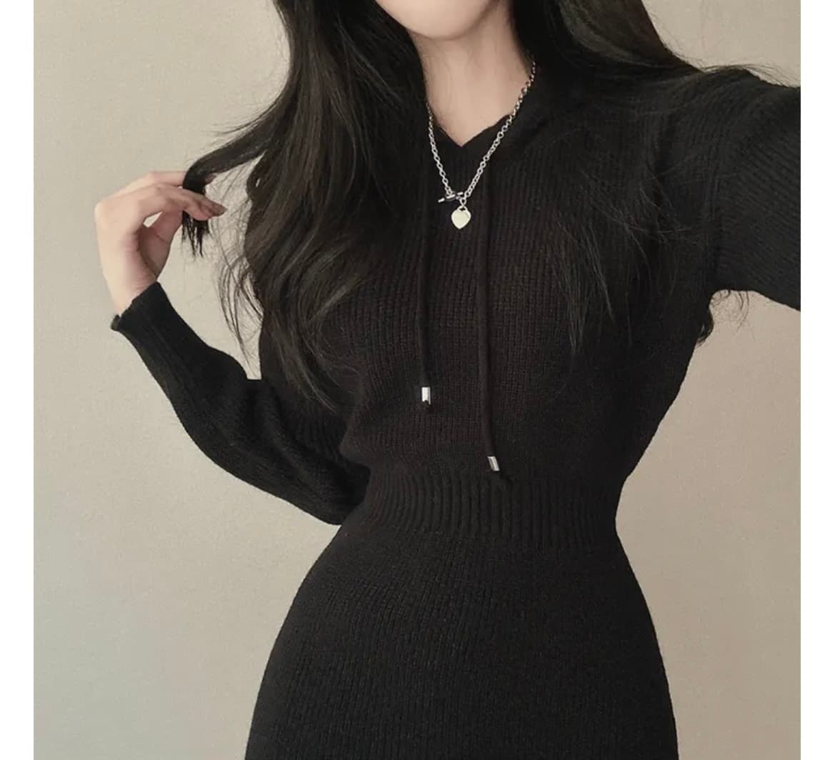 한국 chic 가을 프랑스식 품격 후드 디자인 몸매 가꾸기 슬림해 보이는 두꺼운 니트 타이트 스커트 긴팔 여성 드레스 상세 이미지 14
