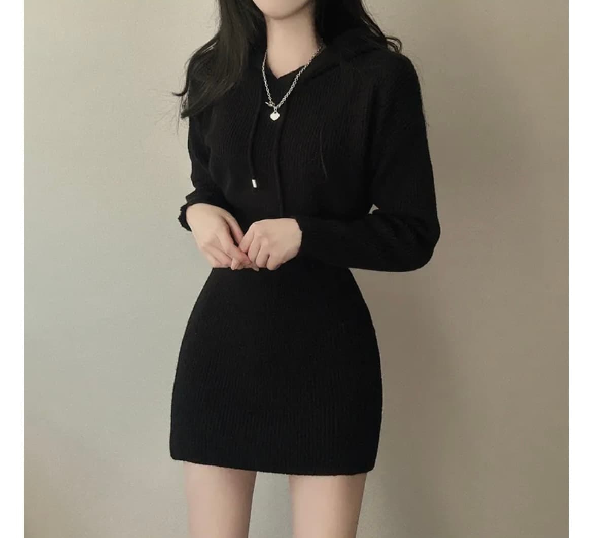 한국 chic 가을 프랑스식 품격 후드 디자인 몸매 가꾸기 슬림해 보이는 두꺼운 니트 타이트 스커트 긴팔 여성 드레스 상세 이미지 15