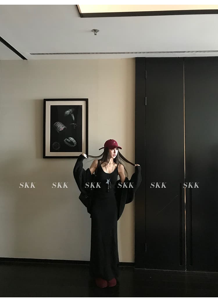 산 ~ 사이 오래된 돈 바람 느긋한 바람 스웨터 오픈 가디건 찢어진 부분 니트 반신 스커트 슬립 세 조각 세트 상세 이미지 13