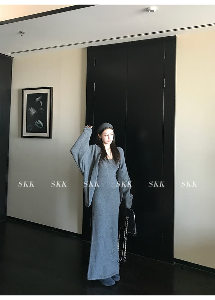 산 ~ 사이 오래된 돈 바람 느긋한 바람 스웨터 오픈 가디건 찢어진 부분 니트 반신 스커트 슬립 세 조각 세트 상세 이미지 38