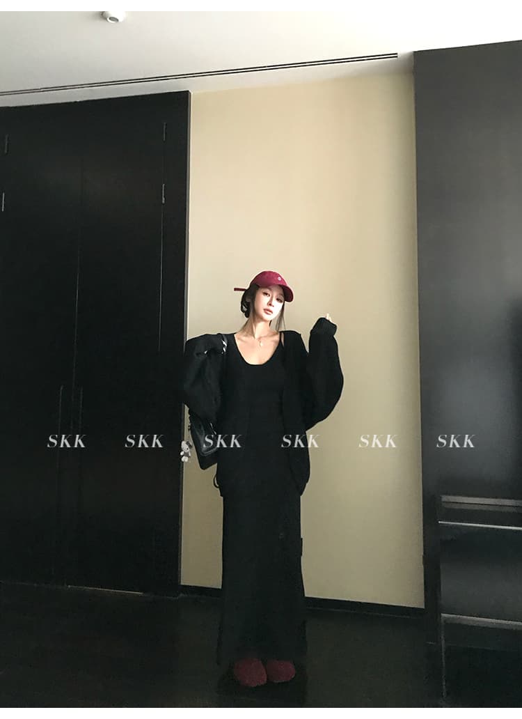 산 ~ 사이 오래된 돈 바람 느긋한 바람 스웨터 오픈 가디건 찢어진 부분 니트 반신 스커트 슬립 세 조각 세트 상세 이미지 44