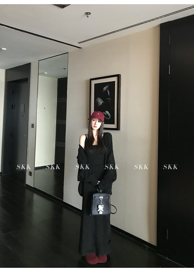 산 ~ 사이 오래된 돈 바람 느긋한 바람 스웨터 오픈 가디건 찢어진 부분 니트 반신 스커트 슬립 세 조각 세트 상세 이미지 53