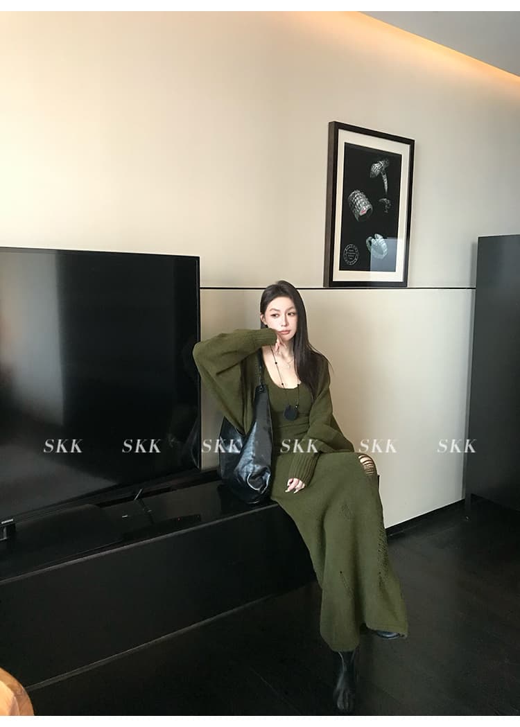 산 ~ 사이 오래된 돈 바람 느긋한 바람 스웨터 오픈 가디건 찢어진 부분 니트 반신 스커트 슬립 세 조각 세트 상세 이미지 57