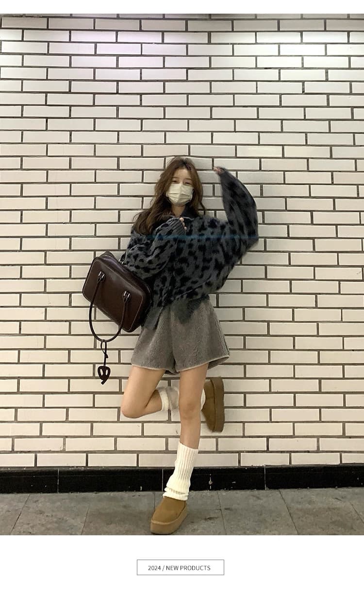 두꺼운 고급 센스 레트로 스탠드 칼라 레오파드 무늬 오픈 가디건 모피 칼라 재킷 루즈핏 스웨터 맨위 여성 상세 이미지 4