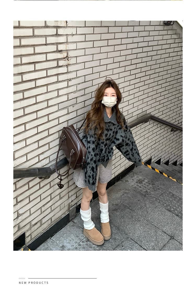 두꺼운 고급 센스 레트로 스탠드 칼라 레오파드 무늬 오픈 가디건 모피 칼라 재킷 루즈핏 스웨터 맨위 여성 상세 이미지 6