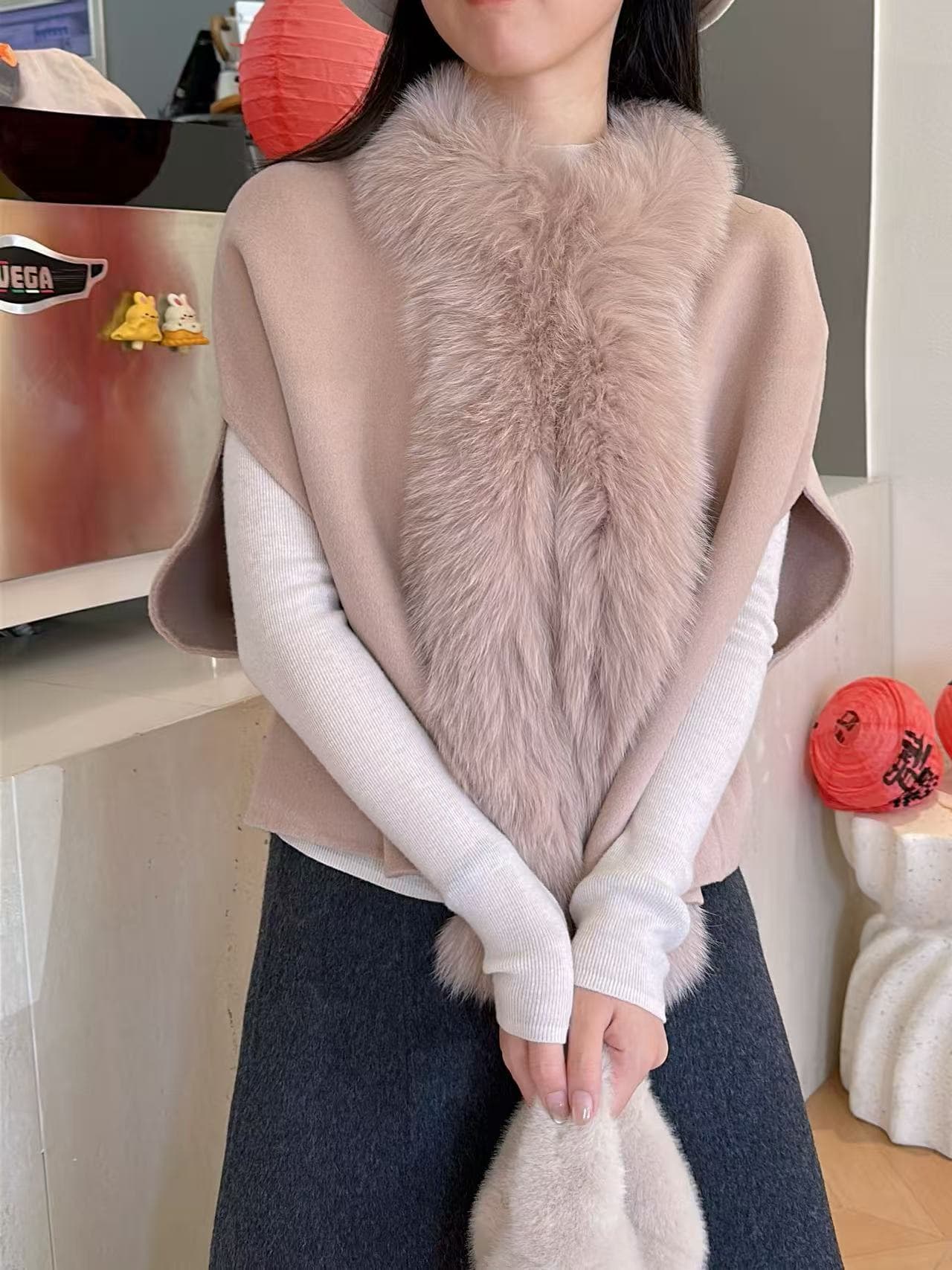 한 부서 천 금빛 바람 모방 여우 모피 칼라 루즈핏 쇼트 스타일 부드러운 민소매 숄 스웨터 이미지 3