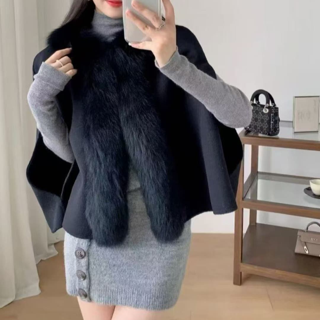 한 부서 천 금빛 바람 모방 여우 모피 칼라 루즈핏 쇼트 스타일 부드러운 민소매 숄 스웨터 이미지 4