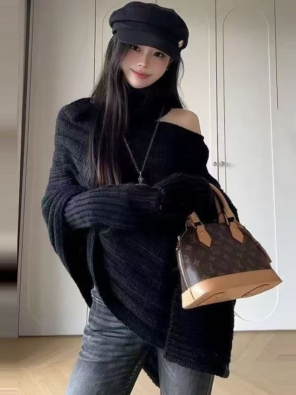 프랑스식 불규칙 터틀넥 오프숄더 망토 스웨터 여자 가을 겨울 디자인 센스 작은 대중 품격 느긋한 니트 스웨터 맨위 상세 이미지 7