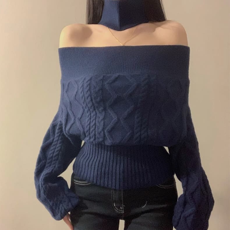 프랑스식 아름다운 해군 오프숄더 오프숄더 스웨터 행침 목 니트 스웨터 여성 새로운 몸매 가꾸기 쇼트 스타일 허리 수축 맨위