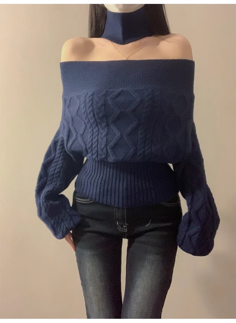 프랑스식 아름다운 해군 오프숄더 오프숄더 스웨터 행침 목 니트 스웨터 여성 새로운 몸매 가꾸기 쇼트 스타일 허리 수축 맨위 상세 이미지 14