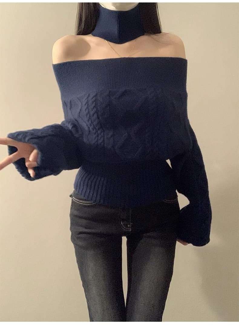 프랑스식 아름다운 해군 오프숄더 오프숄더 스웨터 행침 목 니트 스웨터 여성 새로운 몸매 가꾸기 쇼트 스타일 허리 수축 맨위 상세 이미지 15