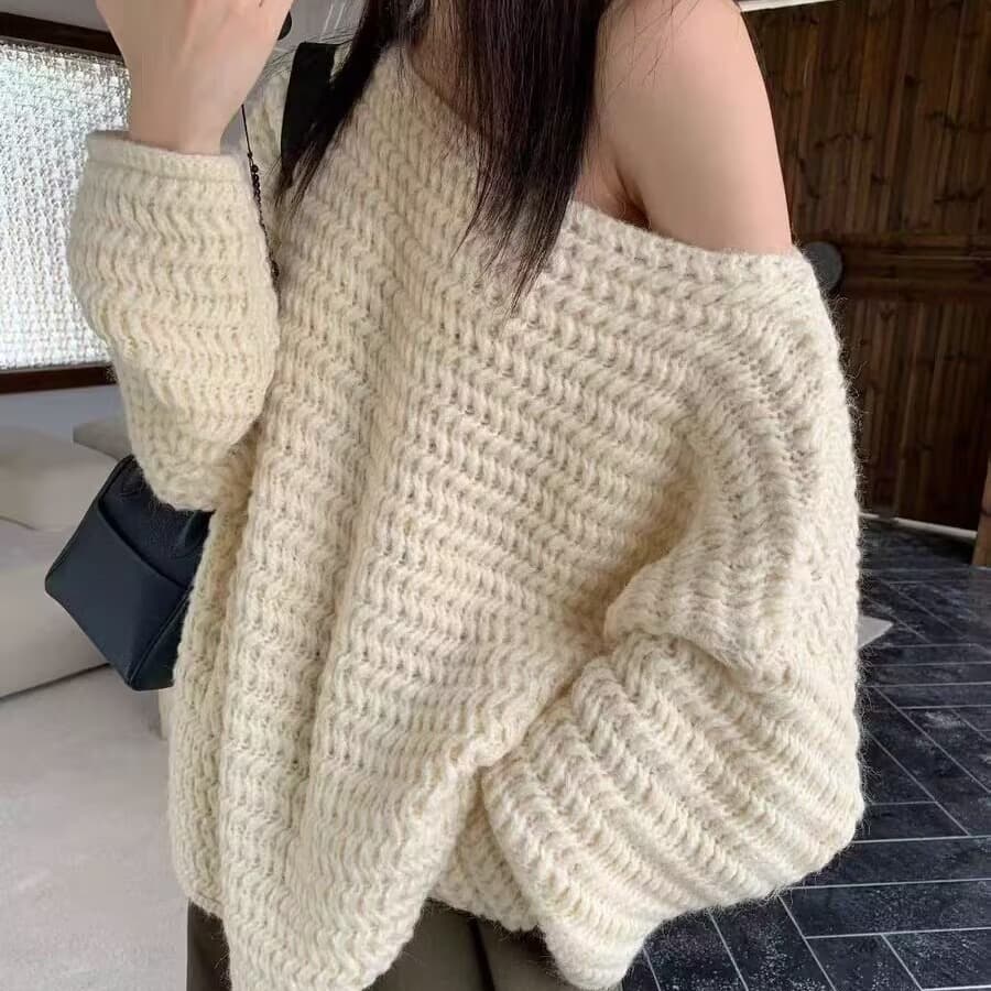 tootoo 부드러운 바람 오프숄더 스웨터 여자 가을 겨울 작은 대중 미니멀리즘 두꺼운 바늘 두꺼운 니트 스웨터 느슨함 센스 맨위 이미지 2