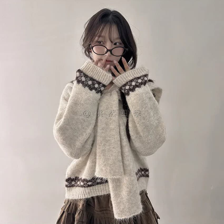 학원 스타일 해군 칼라 숄 V넥 니트 스웨터 여자 가을 겨울 새로운 작은 대중 레트로 자카드 느긋한 바람 맨위 상세 이미지 10