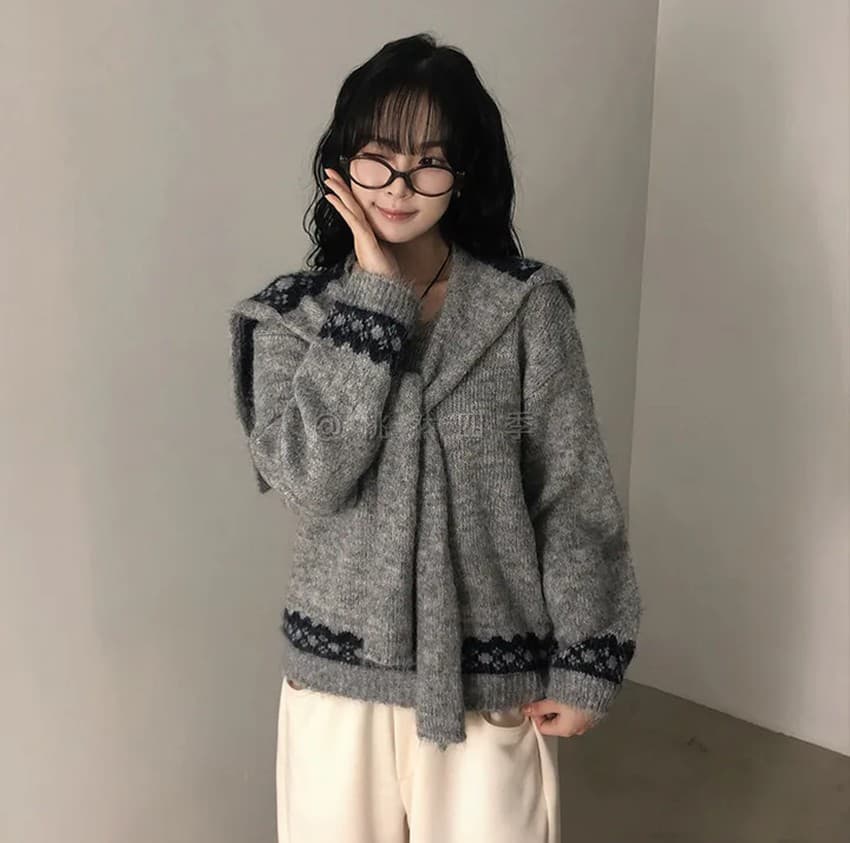 학원 스타일 해군 칼라 숄 V넥 니트 스웨터 여자 가을 겨울 새로운 작은 대중 레트로 자카드 느긋한 바람 맨위 상세 이미지 13