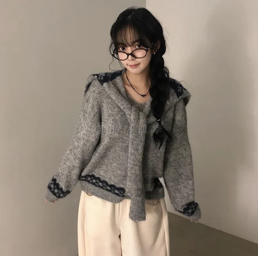 학원 스타일 해군 칼라 숄 V넥 니트 스웨터 여자 가을 겨울 새로운 작은 대중 레트로 자카드 느긋한 바람 맨위 상세 이미지 14