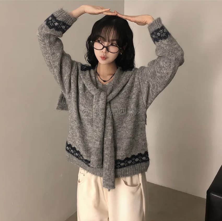 학원 스타일 해군 칼라 숄 V넥 니트 스웨터 여자 가을 겨울 새로운 작은 대중 레트로 자카드 느긋한 바람 맨위 상세 이미지 20